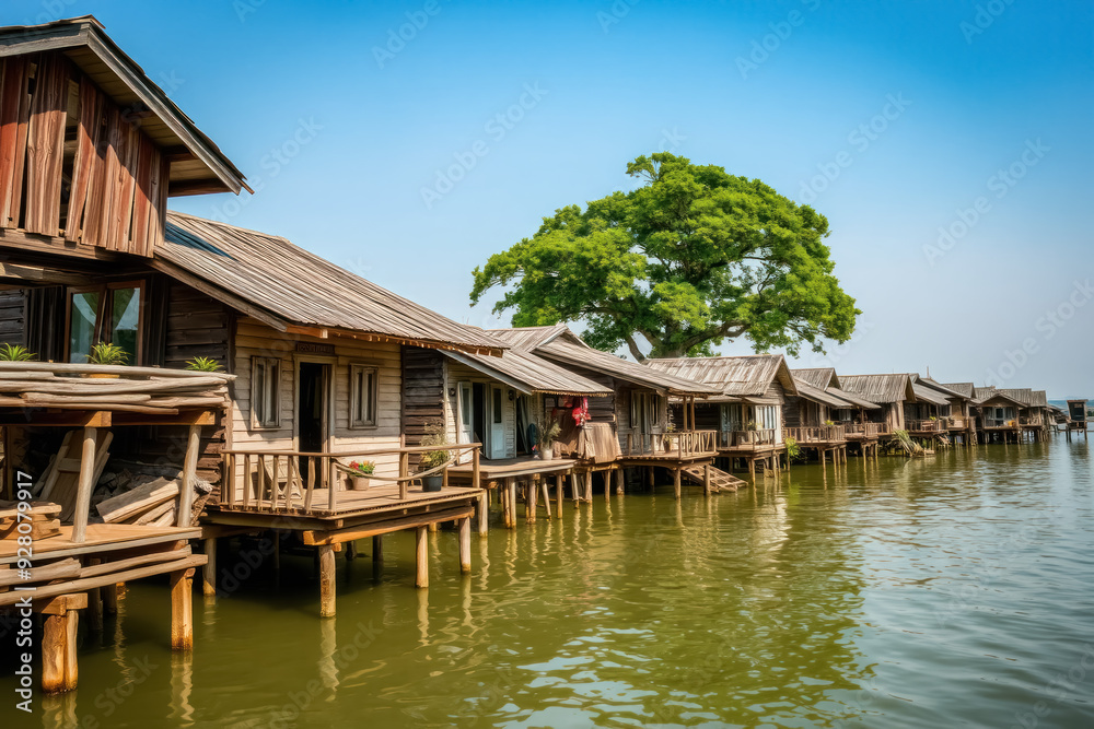 Old wooden house next to the water in the community area The house is made from old wood. It was dilapidated and stood on wooden stilts extending into the water. Old wooden house next to the water in the community area The house is made from old wood. It was dilapidated and stood on wooden stilts extending into the water.