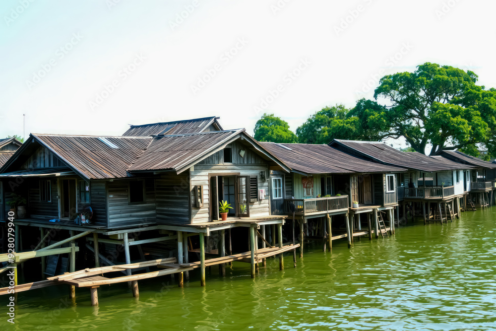 Old wooden house next to the water in the community area The house is made from old wood. It was dilapidated and stood on wooden stilts extending into the water. Old wooden house next to the water in the community area The house is made from old wood. It was dilapidated and stood on wooden stilts extending into the water.