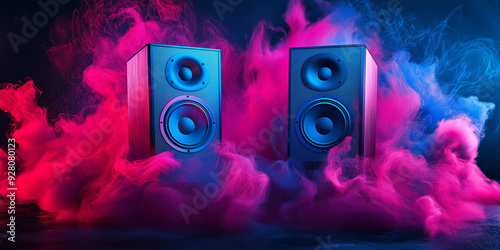 Two audio speakers playing music creating vibrant blue and pink smoke