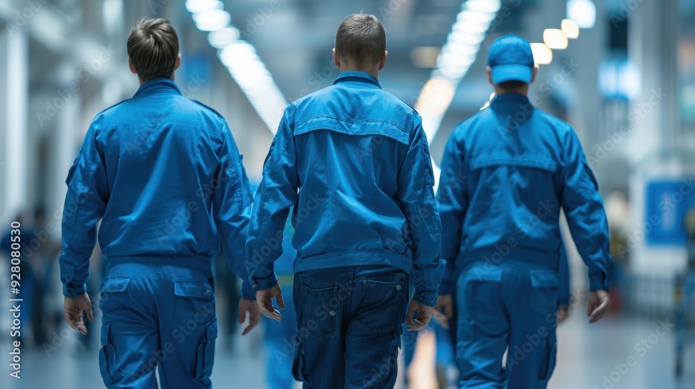 Back view of security personnel walking in blue uniforms, showcasing discipline and order in a brightly lit corridor. Back view of security personnel walking in blue uniforms, showcasing discipline and order in a brightly lit corridor.