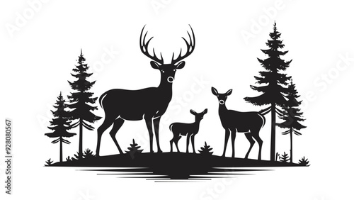 Black Silhouette of deer Family with and Forest Wildlife - Tree Jungle Adventure
