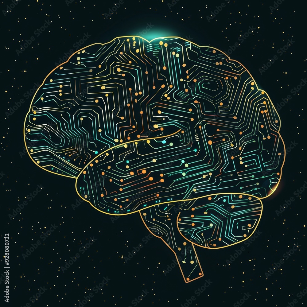 A futuristic illustration of a brain with circuit patterns, representing technology, intelligence, and innovation in a digital universe.