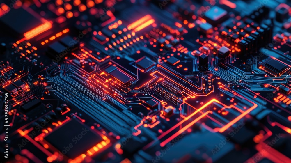 Close-up of an illuminated circuit board with red glowing lines, showcasing intricate electronic components and complex pathways. Close-up of an illuminated circuit board with red glowing lines, showcasing intricate electronic components and complex pathways.