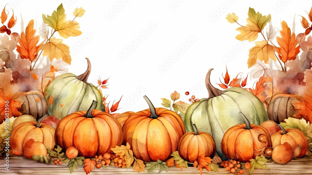 Enchanting Autumn Delight. Watercolor Leaves and Pumpkins
