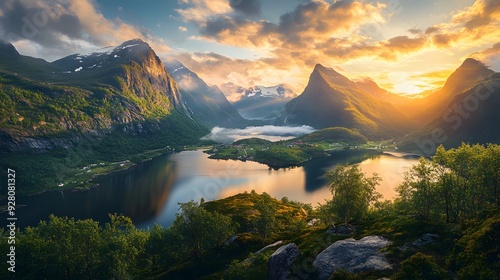 beautiful Norwegian Nature: Mountains, Lakes, and Vibrant Colors at Sunset