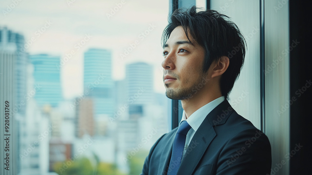 Japanese professional looking out the window thoughtfully Japanese professional looking out the window thoughtfully