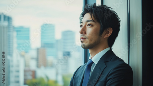 Japanese professional looking out the window thoughtfully