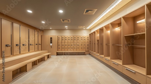 Modern Wooden Locker Room with Benches and Shelving photo