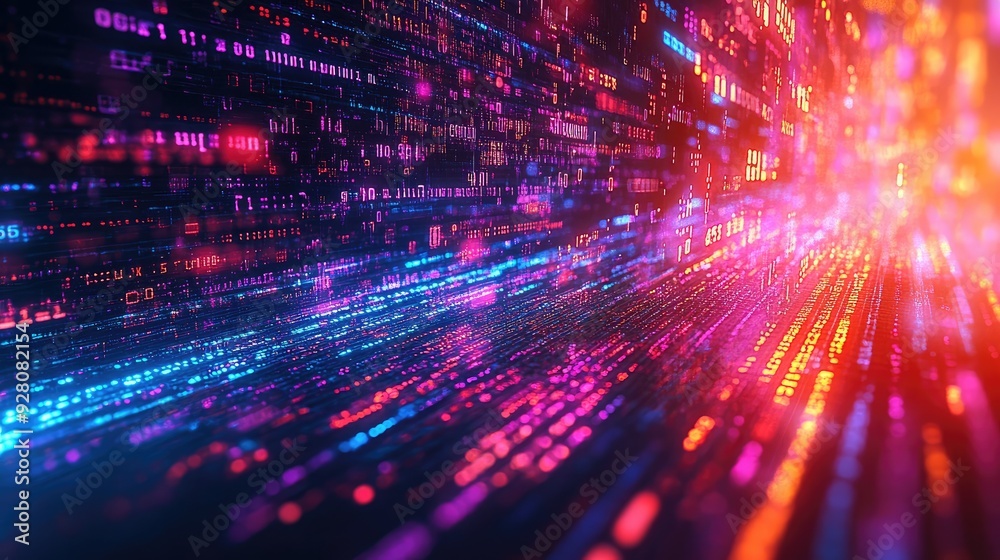 Abstract Digital Code Stream: Vibrant Data Flow with Neon Colors and Futuristic Tech Concept Abstract Digital Code Stream: Vibrant Data Flow with Neon Colors and Futuristic Tech Concept