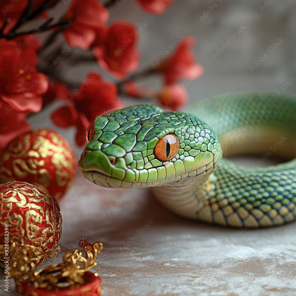 Fototapeta premium Green Snake with Colorful Scales and Red Flowers in Festive Setting