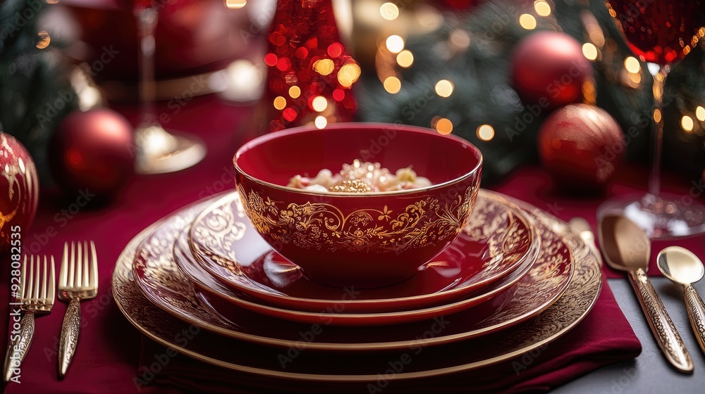Elegant Holiday Dining Table with Red and Gold Dishware and Festive Light Decorations Elegant Holiday Dining Table with Red and Gold Dishware and Festive Light Decorations