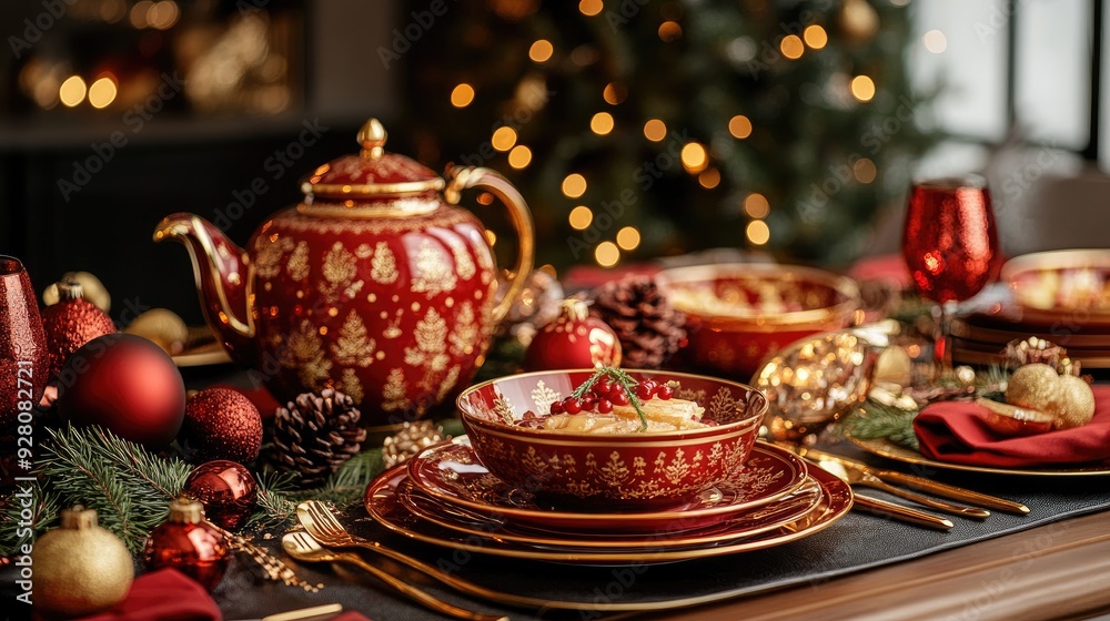 Elegant Festive Holiday Dinner Setting with Red and Gold Decorations Elegant Festive Holiday Dinner Setting with Red and Gold Decorations