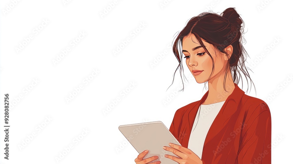 Woman Reading Tablet in Relaxed Casual Outfit - Digital Art Illustration of a Modern Lifestyle Woman Reading Tablet in Relaxed Casual Outfit - Digital Art Illustration of a Modern Lifestyle