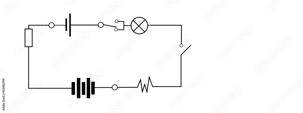Naklejka premium Vector black line electrical diagram with lamp resistance switch and battery cell isolate on white background