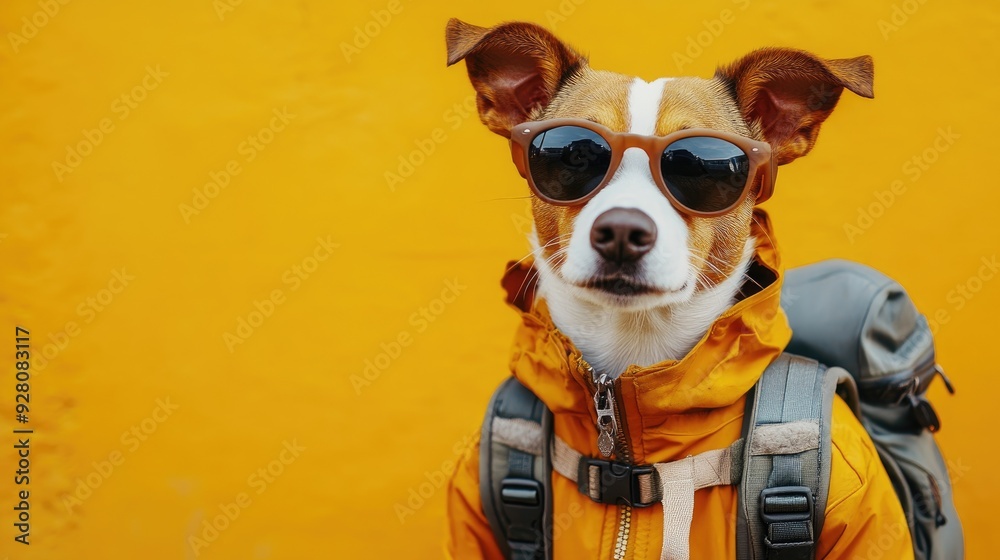 Stylish Dog with Sunglasses and Backpack Against Bright Yellow Background
