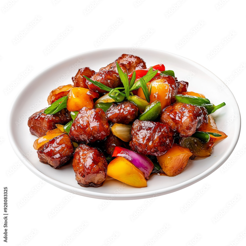 Delicious stir fried beef with colorful vegetables on a white plate. Perfect for culinary and food photography Delicious stir fried beef with colorful vegetables on a white plate. Perfect for culinary and food photography