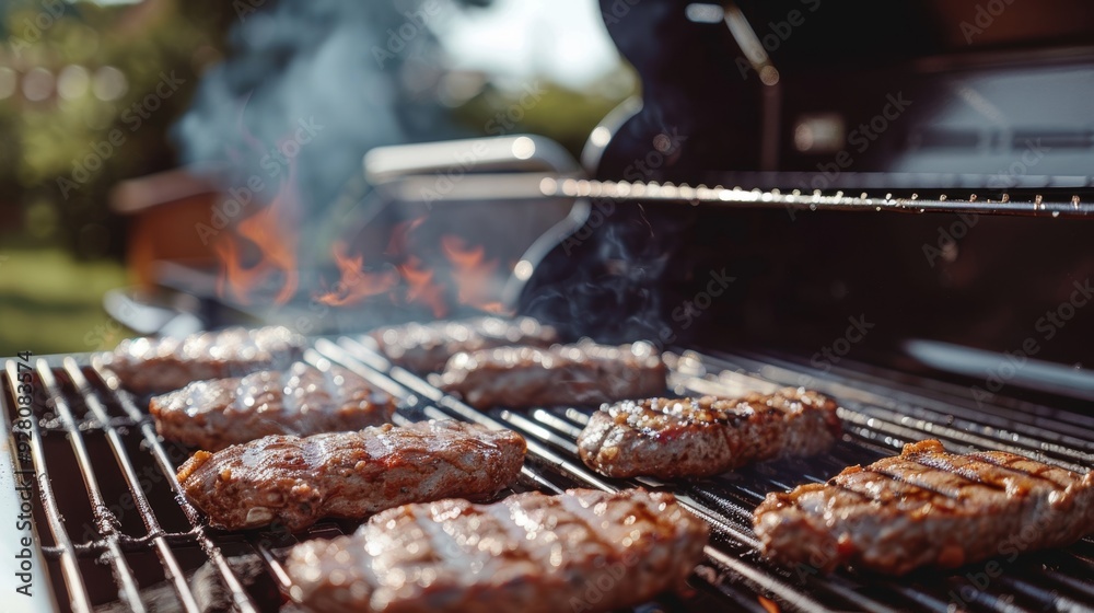 Juicy steaks sizzling on an outdoor barbecue grill, with flames and smoke creating a mouthwatering cooking scene. Juicy steaks sizzling on an outdoor barbecue grill, with flames and smoke creating a mouthwatering cooking scene.