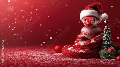 Festive Red Snake Wearing Santa Hat with Decorative Christmas Tree on Sparkling Snow Background photo