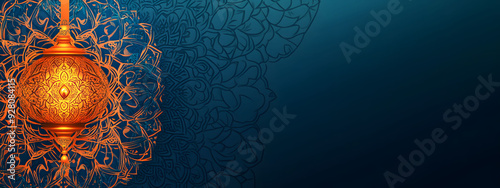 White orange and blue vector luxury islamic banner with lamp and mandala ornament For greeting card advertising discount poster background and banner