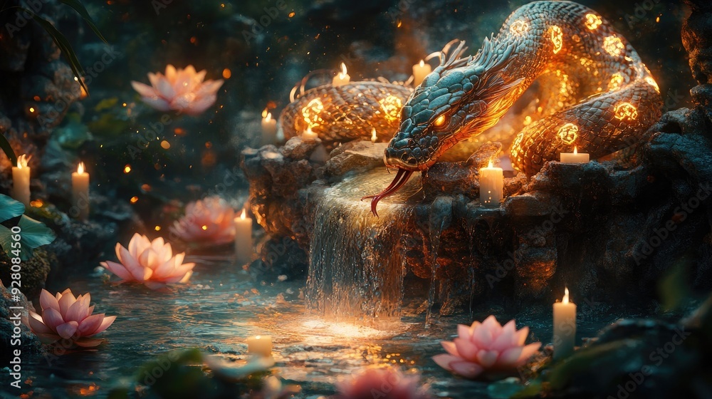 Obraz premium Mythical Glowing Dragon in Enchanted Waterfall surrounded by Floating Candles and Lotus Flowers