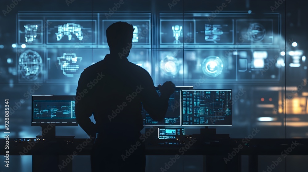 Silhouetted Figure Interacting with Futuristic Digital Dashboard Screens and Controls Silhouetted Figure Interacting with Futuristic Digital Dashboard Screens and Controls