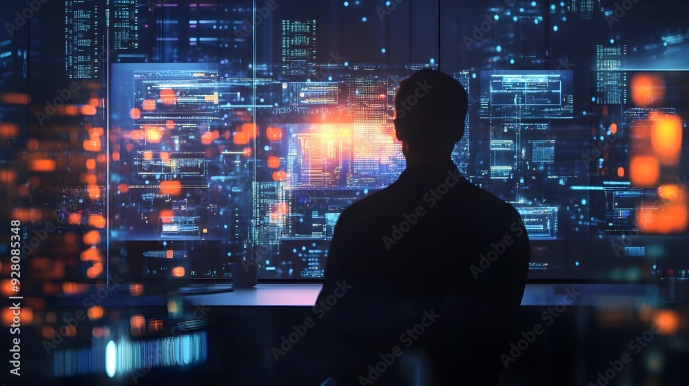 Silhouetted Figure Gazing at Futuristic Cityscape with Glowing Neon Lights and Digital Data Silhouetted Figure Gazing at Futuristic Cityscape with Glowing Neon Lights and Digital Data