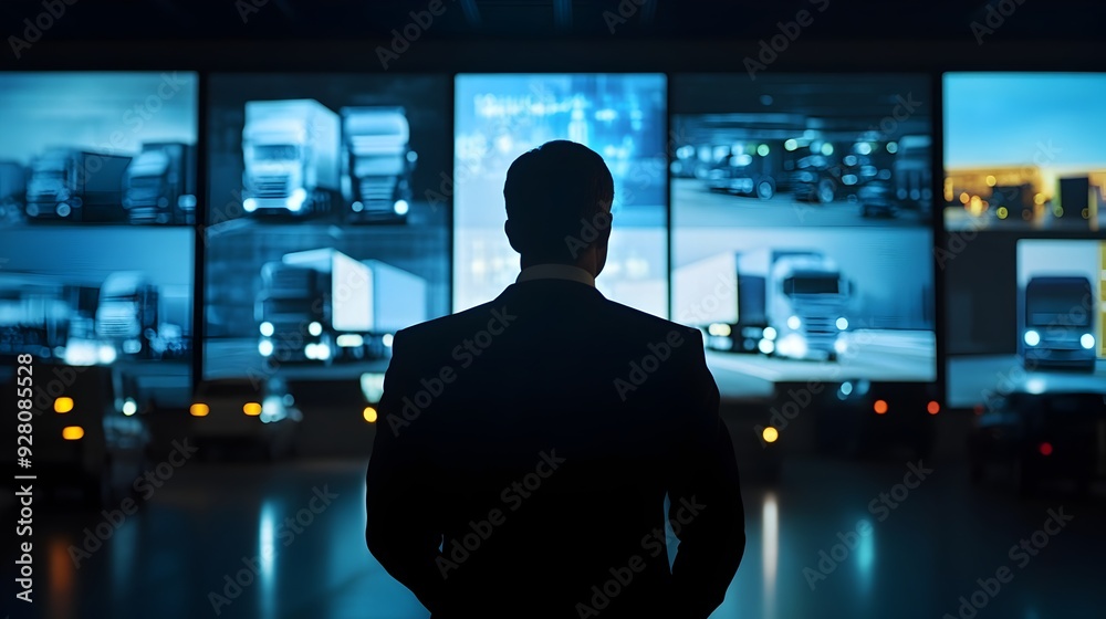Silhouette of Businessman Monitoring Data Screens in Corporate Urban Environment Silhouette of Businessman Monitoring Data Screens in Corporate Urban Environment