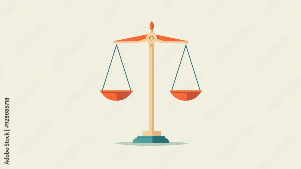Minimalist illustration of scales of justice with red bowls on a light background, representing balance, equality, and fairness in a simple design.. Minimalist illustration of scales of justice with red bowls on a light background, representing balance, equality, and fairness in a simple design..