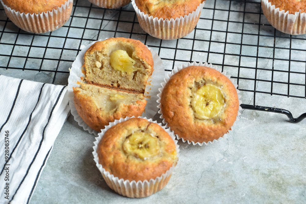 Airy banana muffins on a gray background Airy banana muffins on a gray background