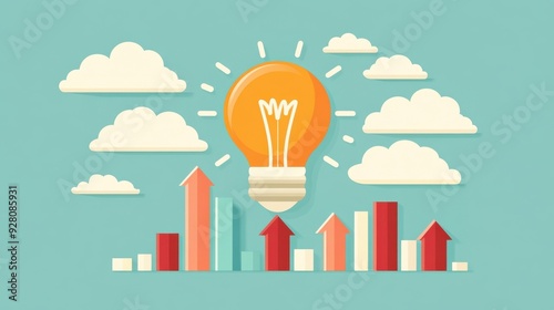 Illustration of a large lightbulb with arrows pointing upwards and clouds surrounding it, representing growth, innovation, and progress..