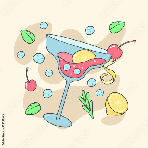 Lemon Cherry cocktail Illustrations with Tropical Fruits and Leaves