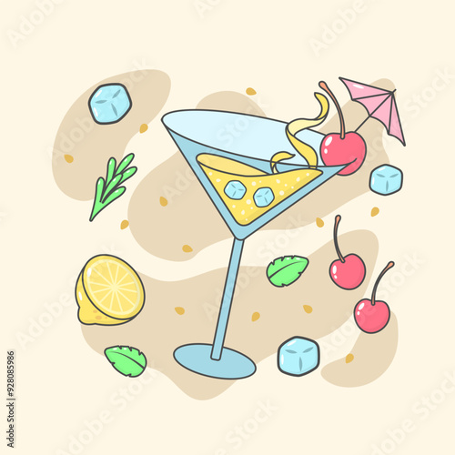 Lemon Cherry cocktail Illustrations with Tropical Fruits and Leaves