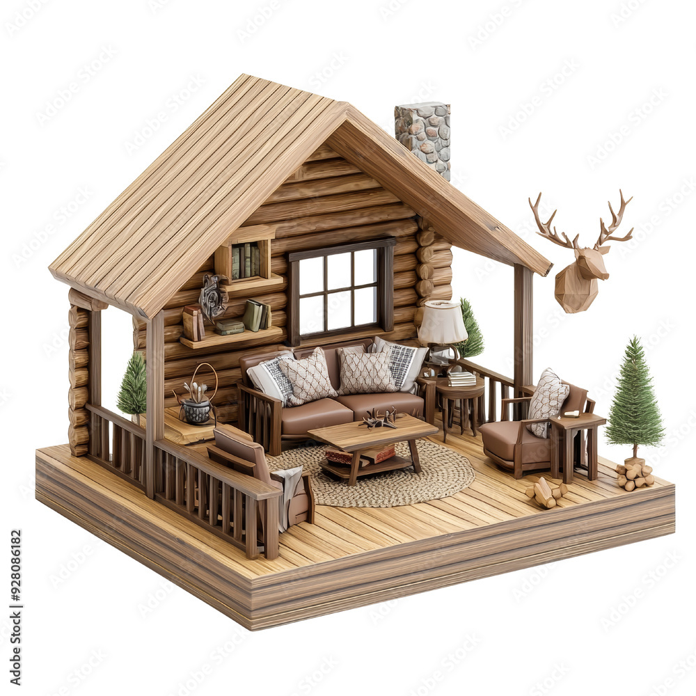 Cozy cabin living room with wooden furniture, fireplace, and a deer head mount on the wall. Perfect for a rustic or nature themed design project Cozy cabin living room with wooden furniture, fireplace, and a deer head mount on the wall. Perfect for a rustic or nature themed design project