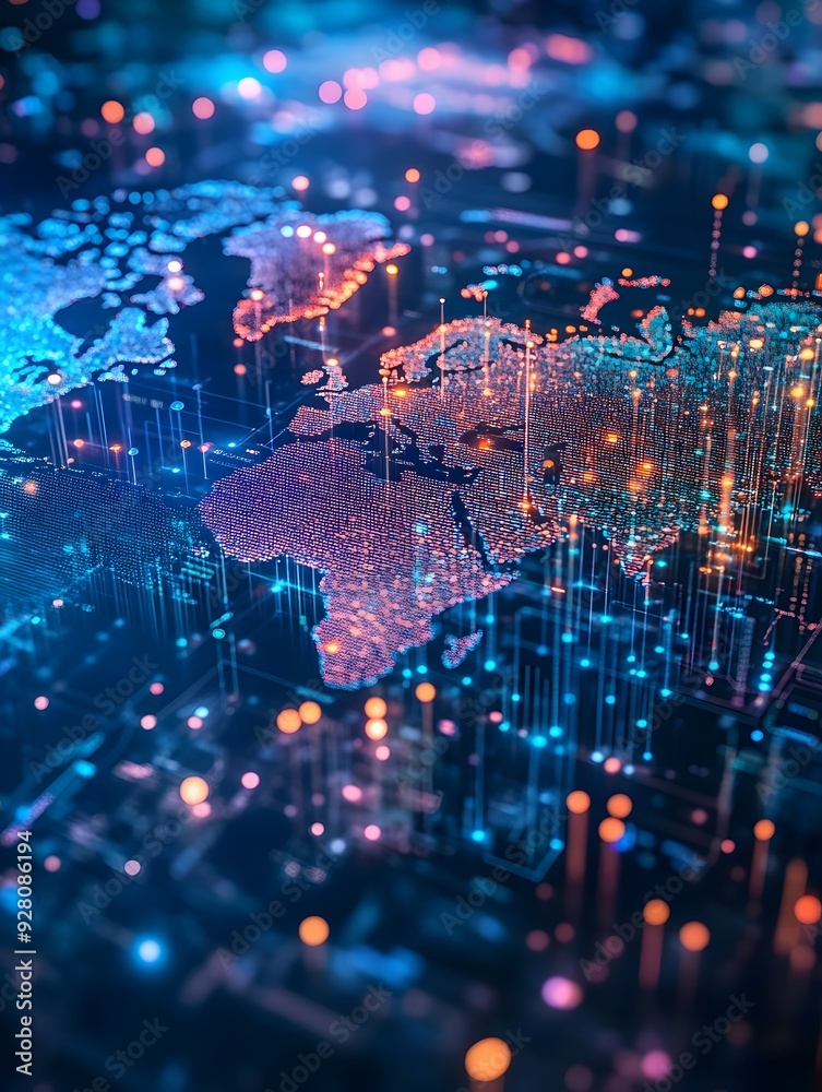 Obraz premium Glowing Digital World Map Visualizing Global Connectivity and Technological Innovation