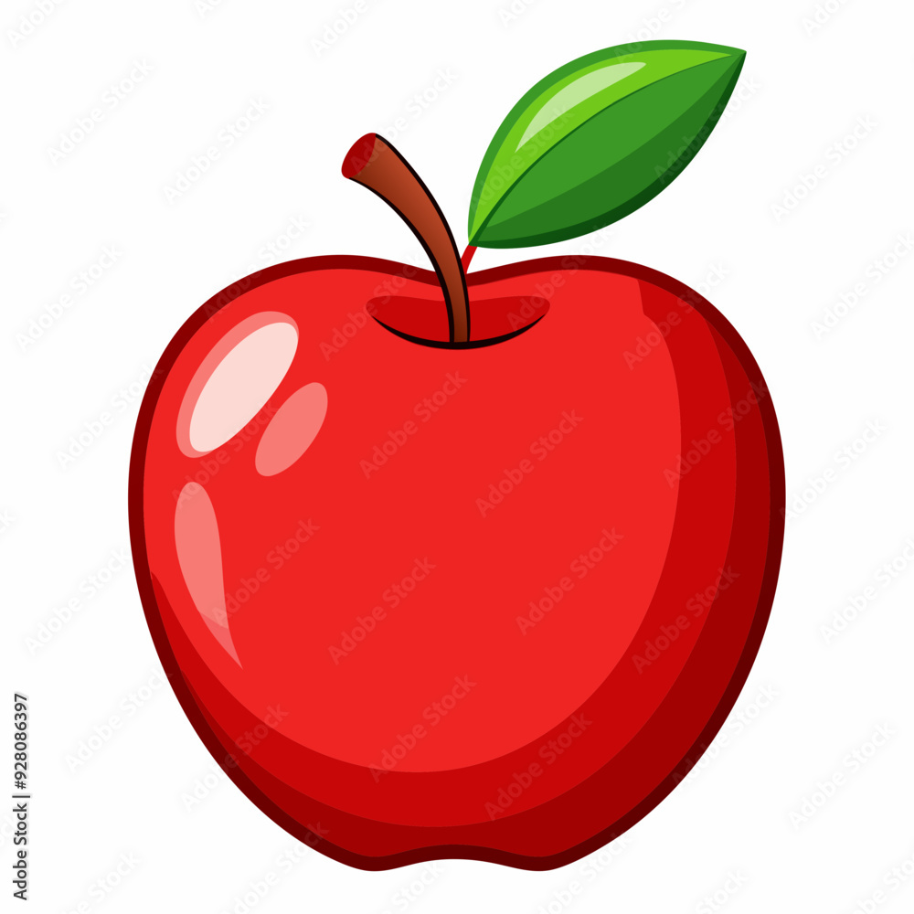 Fototapeta premium Red apple with leaves isolated on white, red apple vector illustration, fruti vector art, red apple silhouette, food icon, apples line art, eps