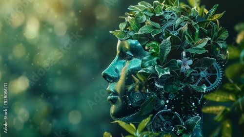 A futuristic depiction of a humanoid figure made of greenery and mechanical components, symbolizing the harmony of nature and technology.