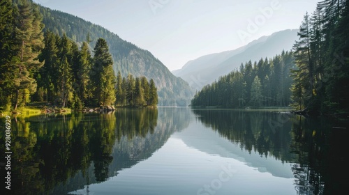 Mountain lake in the morning with clear water and reflection of trees photo