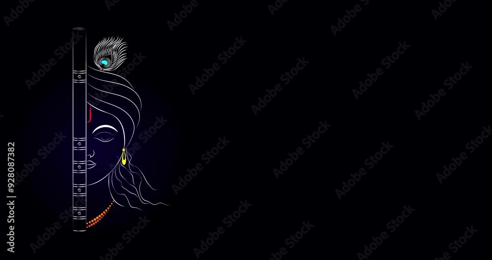 lord krishna line art motion graphics on dark background.