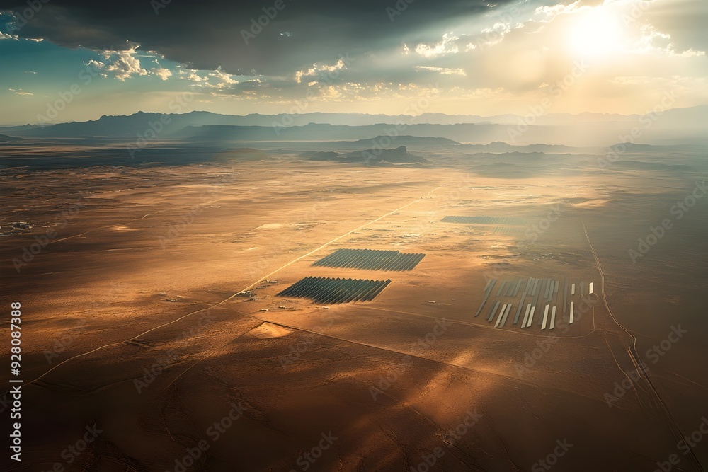 Dramatic Aerial View of Vast Solar Farm Harnessing Boundless Renewable Energy Potential in the Desert Landscape Dramatic Aerial View of Vast Solar Farm Harnessing Boundless Renewable Energy Potential in the Desert Landscape