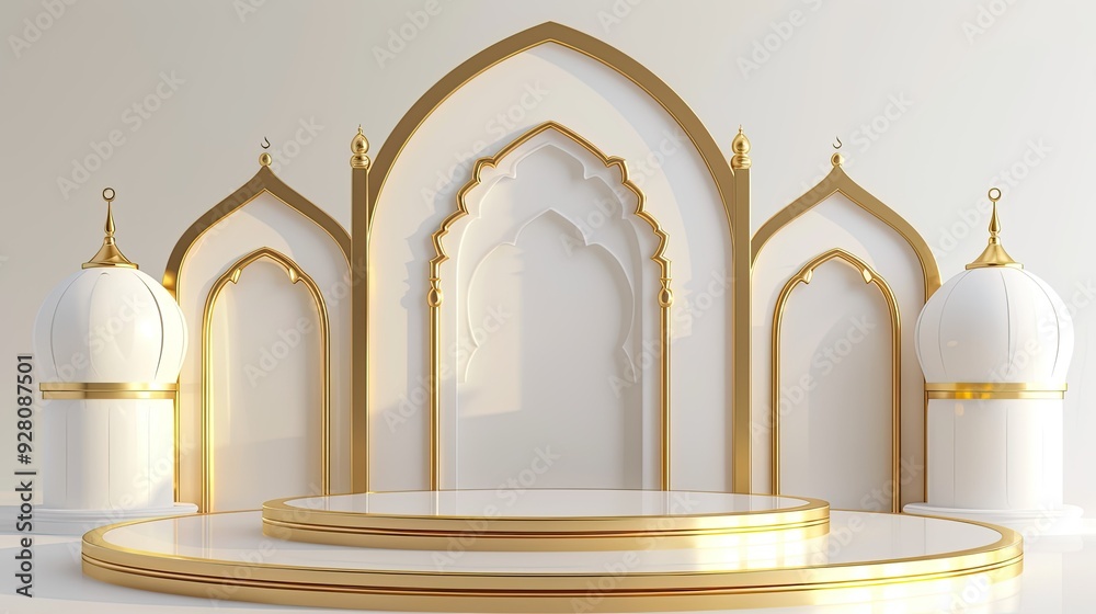 Fototapeta premium Islamic Golden Arches with a White Platform