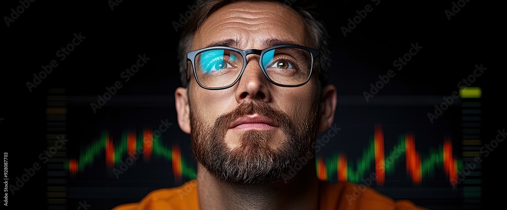 Nighttime Stock Market Analysis, A Man Studies Financial Graphs By Laptop Light Nighttime Stock Market Analysis, A Man Studies Financial Graphs By Laptop Light