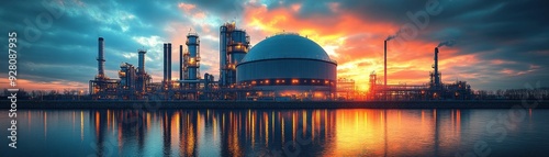 Stunning industrial refinery complex at dusk with dramatic sunset, reflecting on still water, showcasing a modern energy facility.