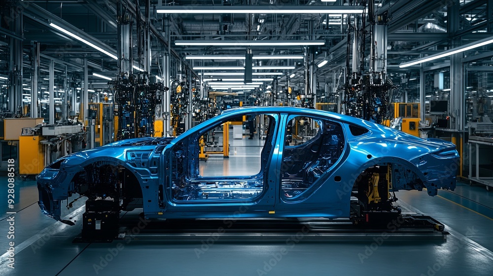 Innovation in Automotive Manufacturing. Modern car body frame at a factory plant Innovation in Automotive Manufacturing. Modern car body frame at a factory plant