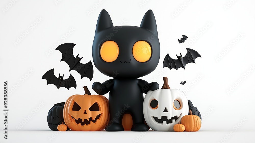 A cute black cat figure surrounded by Halloween pumpkins and bats, perfect for festive autumn decorations. A cute black cat figure surrounded by Halloween pumpkins and bats, perfect for festive autumn decorations.