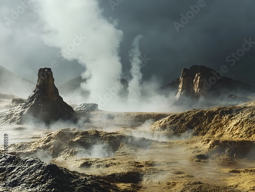 Otherworldly Geothermal Field with Towering Fumaroles and Billowing Vapor