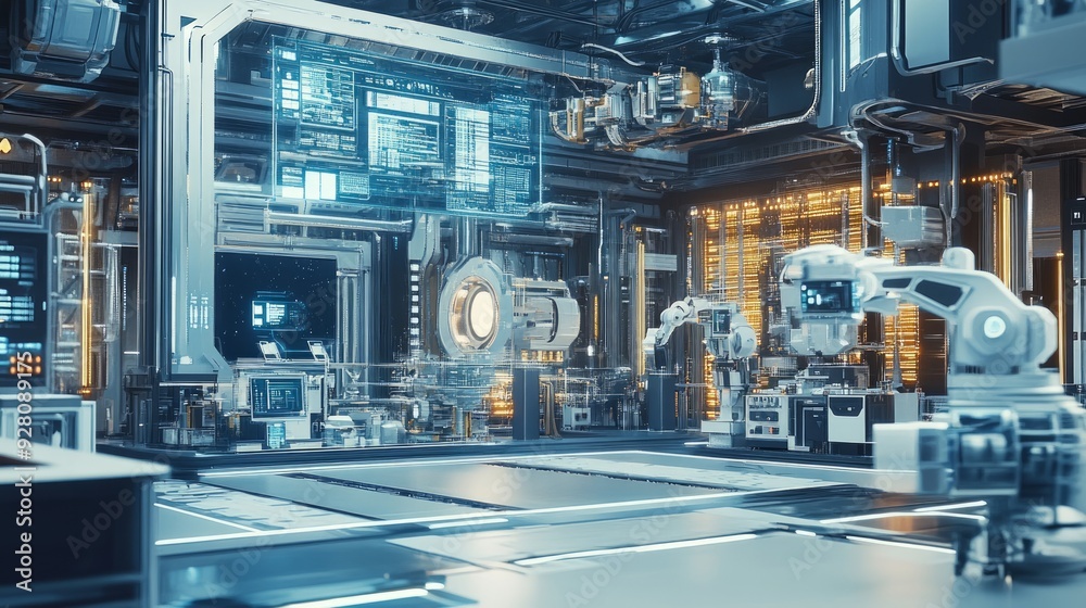 Futuristic Industrial Interior with Robotic Arms Futuristic Industrial Interior with Robotic Arms