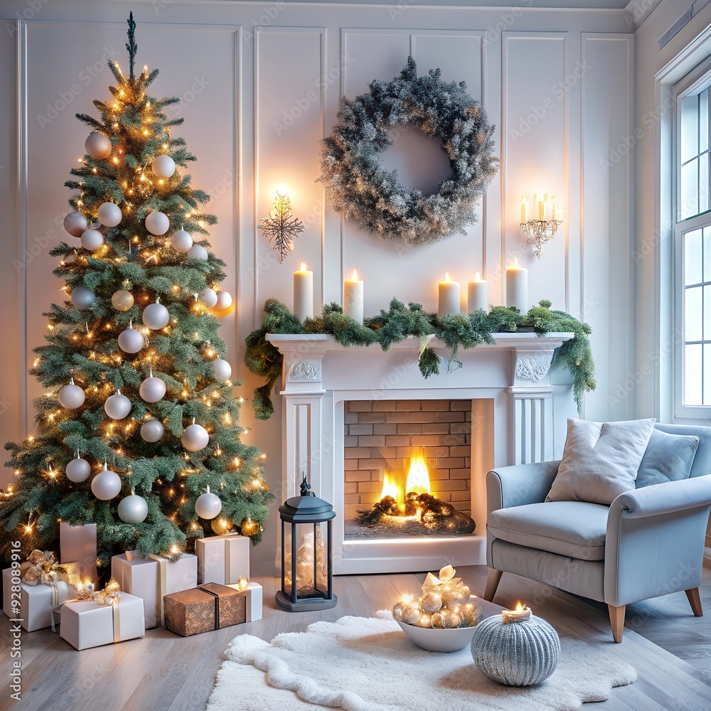 Fototapeta premium fireplace with christmas decorations