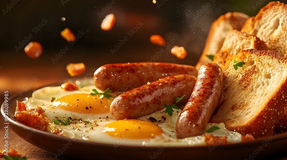 Floating Breakfast Sausages Eggs and Toast Suspended Midair with Warm Inviting Glow Floating Breakfast Sausages Eggs and Toast Suspended Midair with Warm Inviting Glow