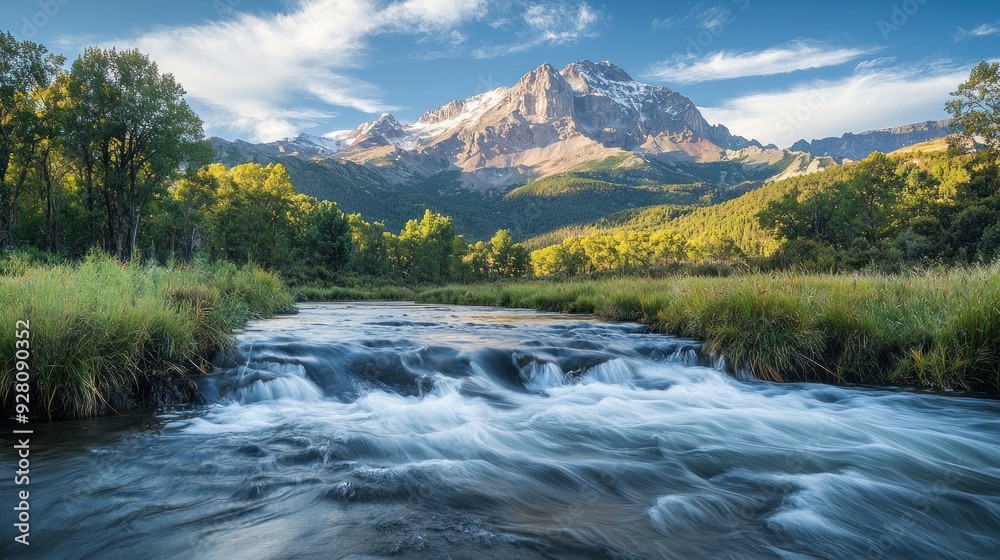 A mountain remains still in the distance, towering over a blurred river rushing by in the foreground. The mountain immovable presence contrasts with the flowing energy of the water. This A mountain remains still in the distance, towering over a blurred river rushing by in the foreground. The mountain immovable presence contrasts with the flowing energy of the water. This
