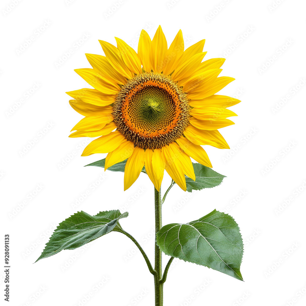 Obraz premium Vibrant sunflower with green leaves on black background, symbolizing nature, growth, and beauty